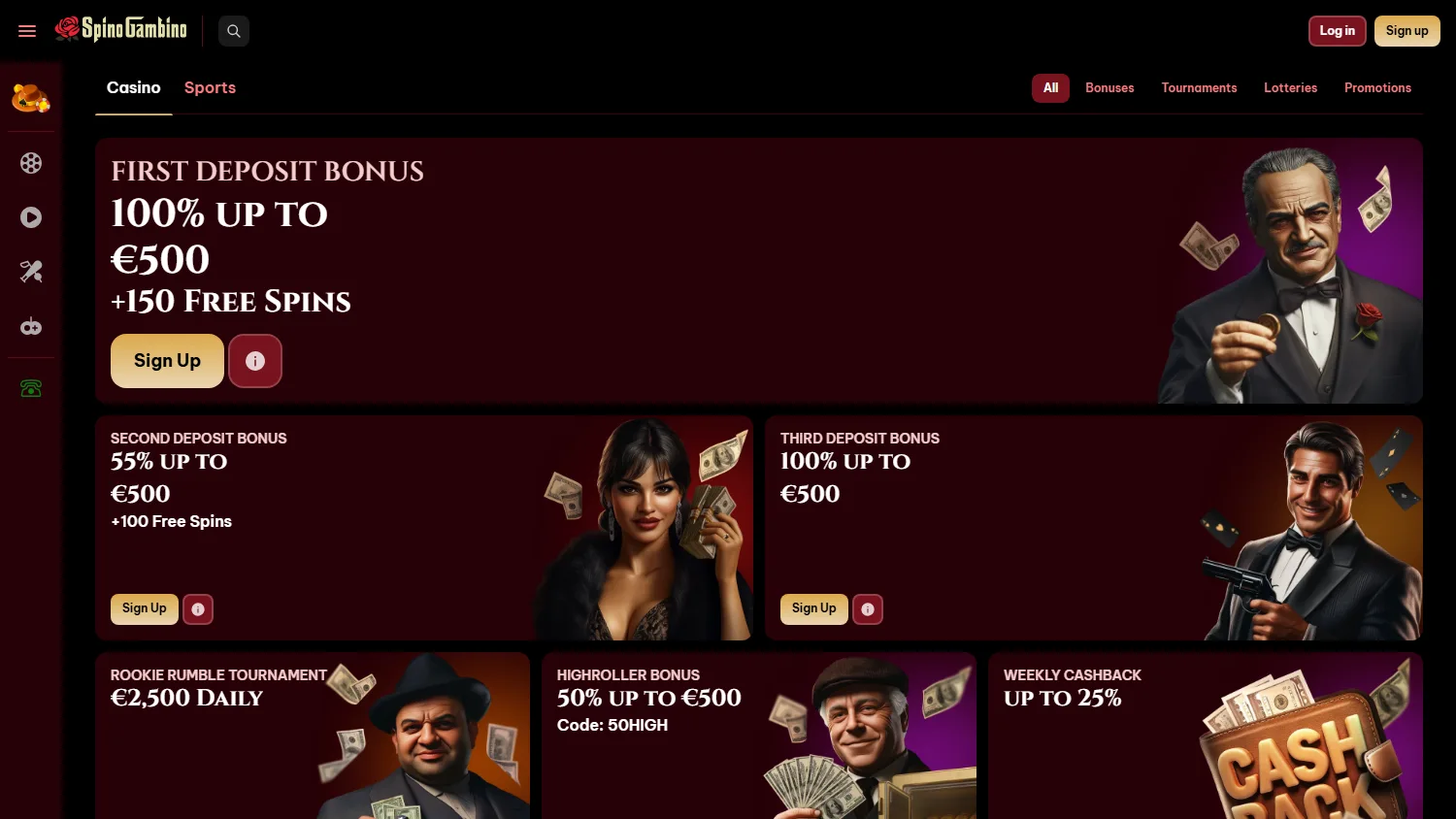 Spinogambino Casino desktop promotions area with welcome and free-spin offers