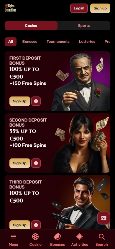 Spinogambino Casino promotions area opened on a mobile device