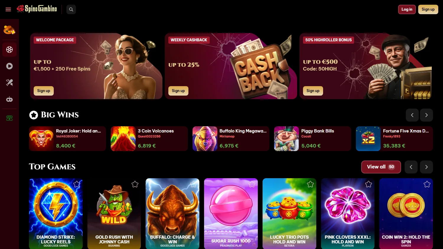 Spinogambino Casino home screen on desktop with the welcome offer and casino entry points