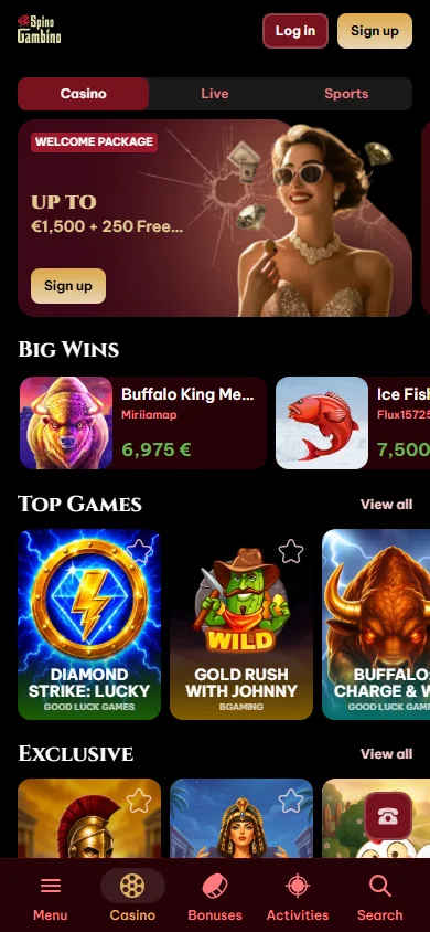 Spinogambino Casino home experience opened on a mobile device